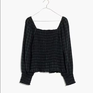 Madewell Lucie Bubble-Sleeve Smocked Top in Plaid